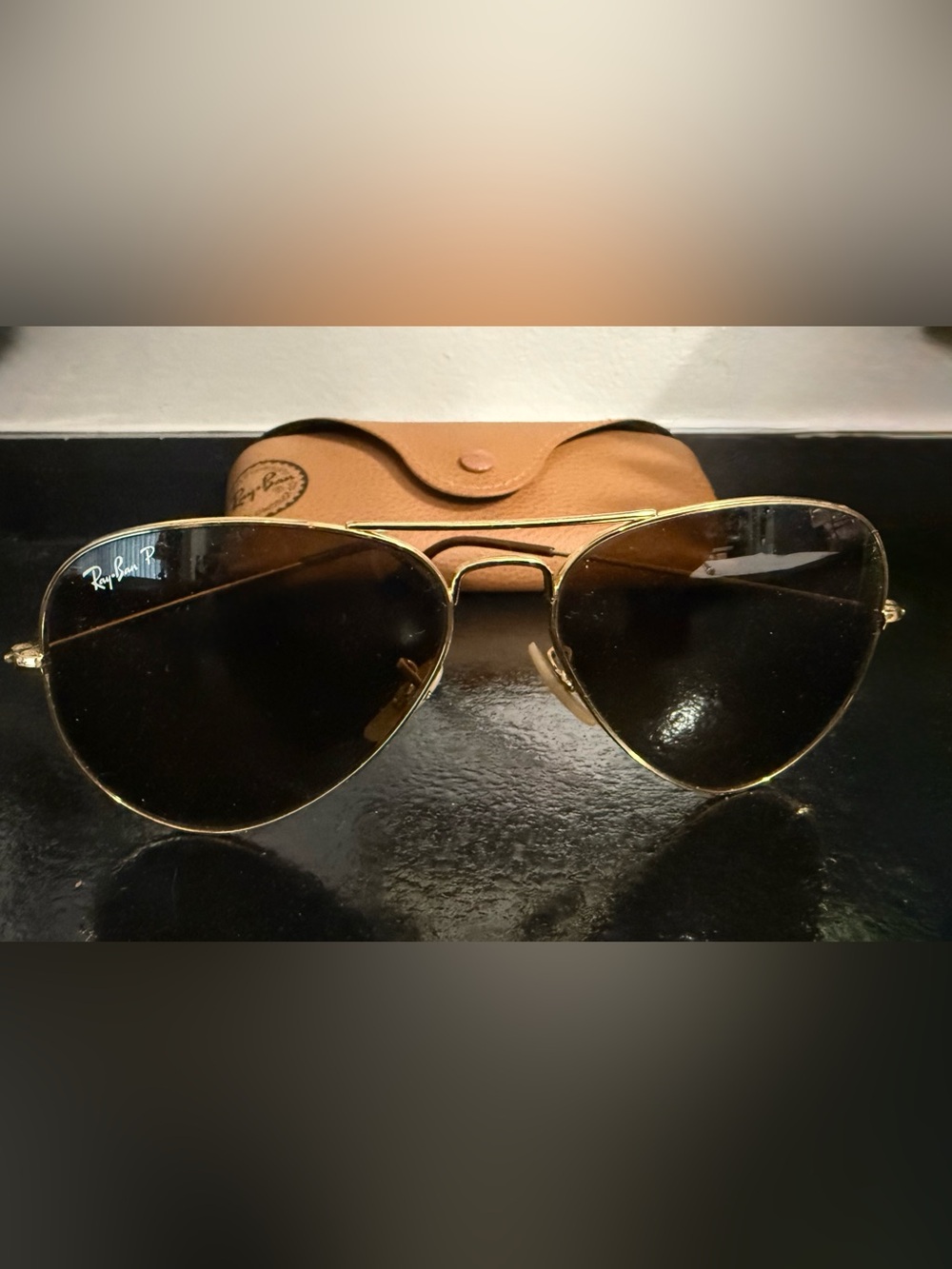 Ray-Ban Gold Frame Aviator Polarized Sunglasses with Dark Brown Lenses